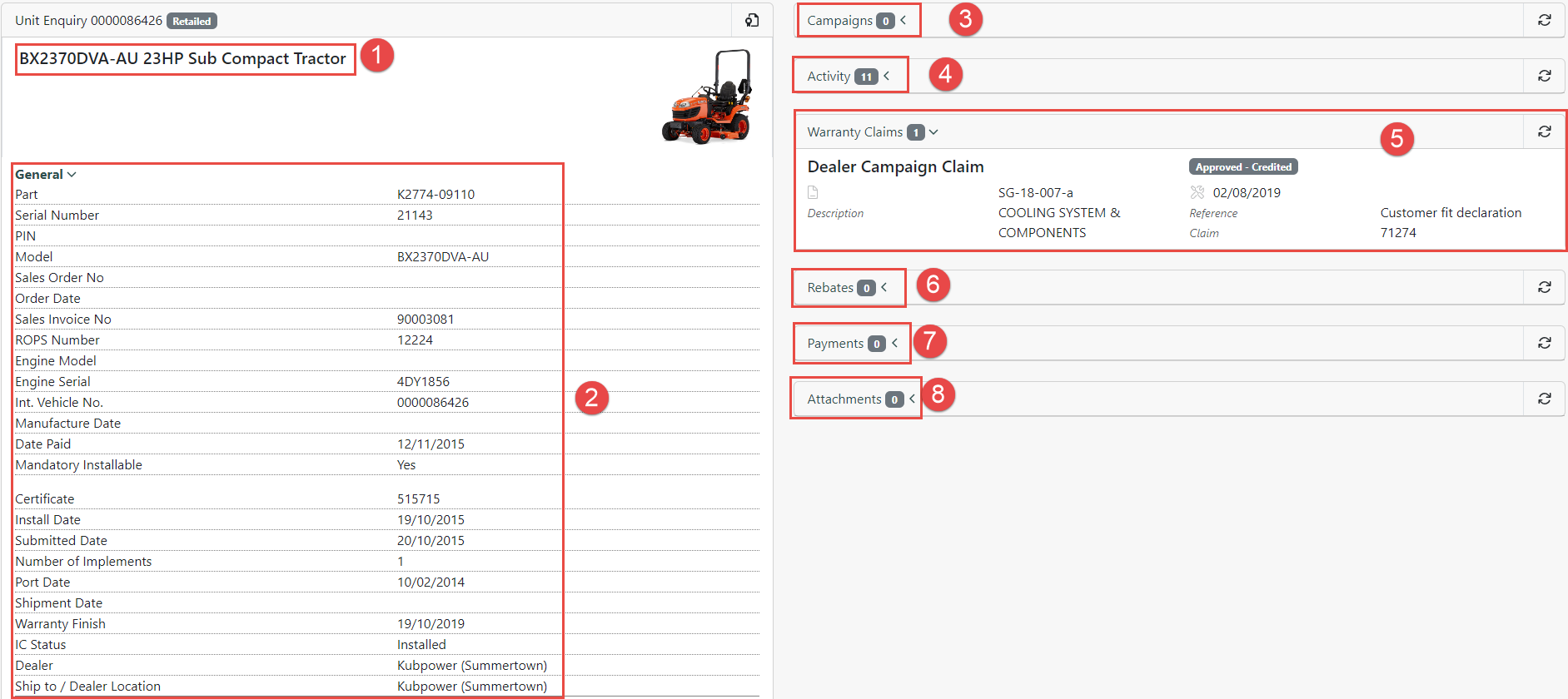 Dealer Online: Unit Enquiry Details Screen – Kubota